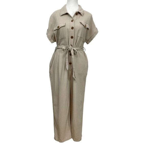 LOST + WANDER LINEN BLEND SAFARI BELTED CROPPED JUMPSUIT IN BEIGE - S - Picture 2 of 10